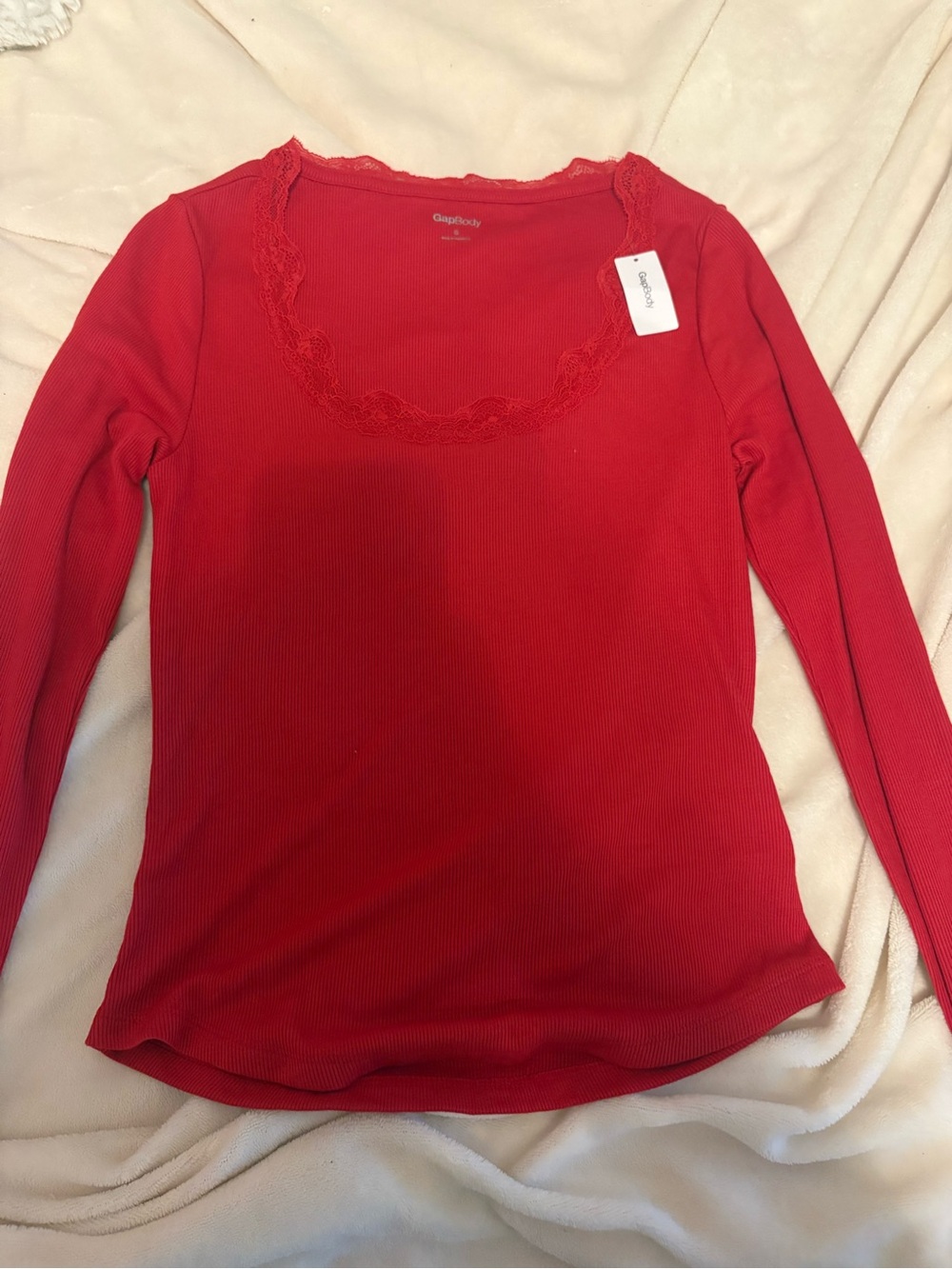 GAP Red Ribbed Long Sleeve Lace-Trim Top